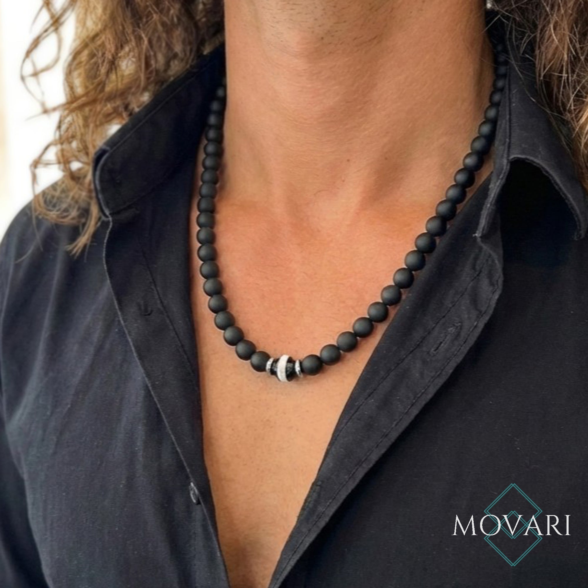 Mens Dzi Bead Necklace 10mm Tibetan Black Onyx Spiritual Jewelry