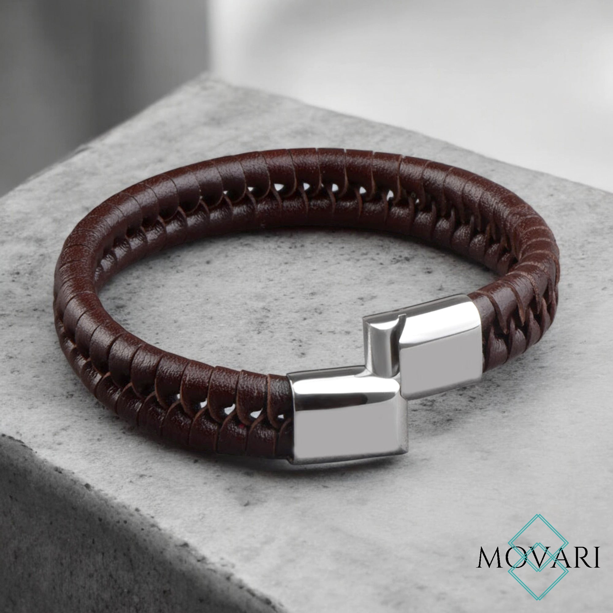 Brown Braided Leather Bracelet Stainless Steel slide Clasp