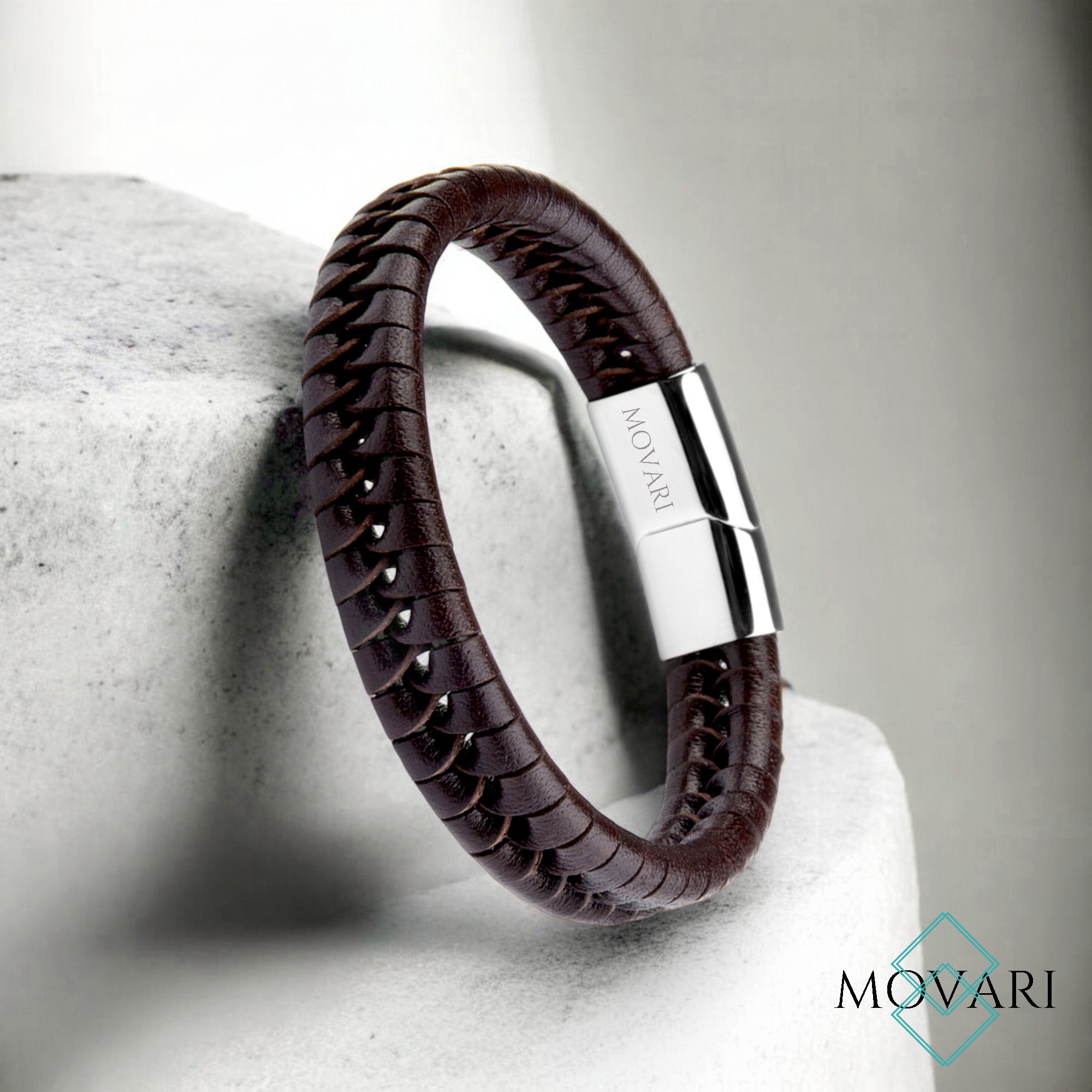 Brown Braided Leather Bracelet Stainless Steel Clasp movari usa