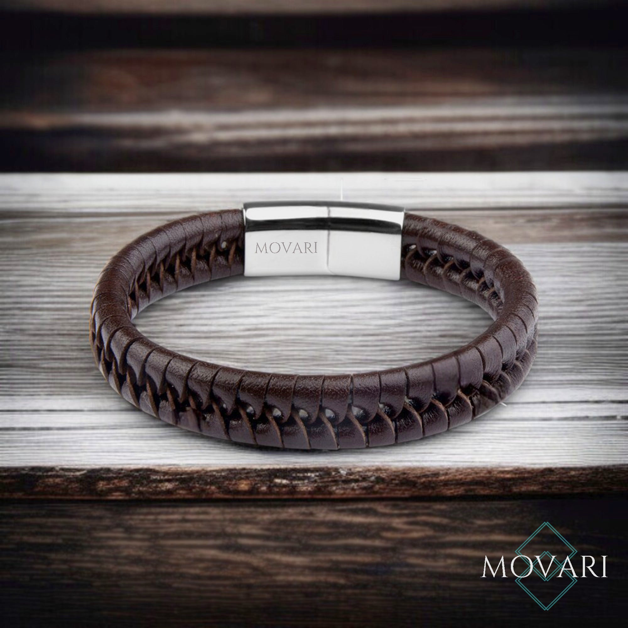 Brown Braided Leather Bracelet Stainless Steel Clasp for men