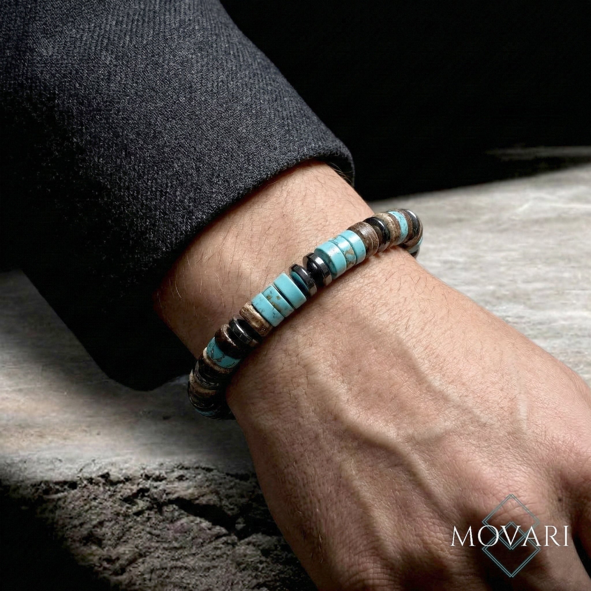 mens coconut bracelet, turquoise boho bracelet for men surfers beaded bracelet bohemian mens beaded stretch bracelet Movari Jewelry