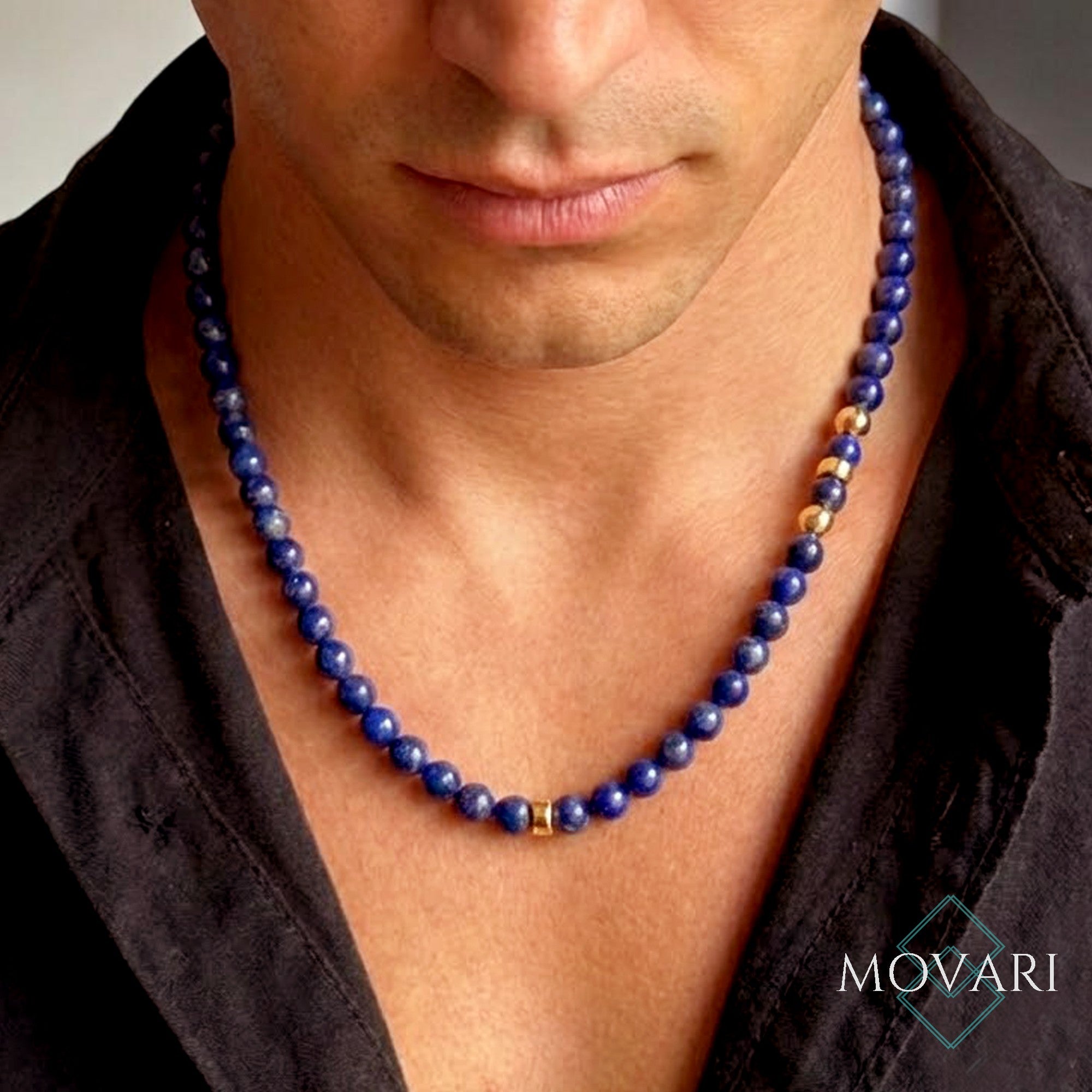 Lapis Lazuli Mens Necklace with 14K Gold Filled Racing Stripe Accent