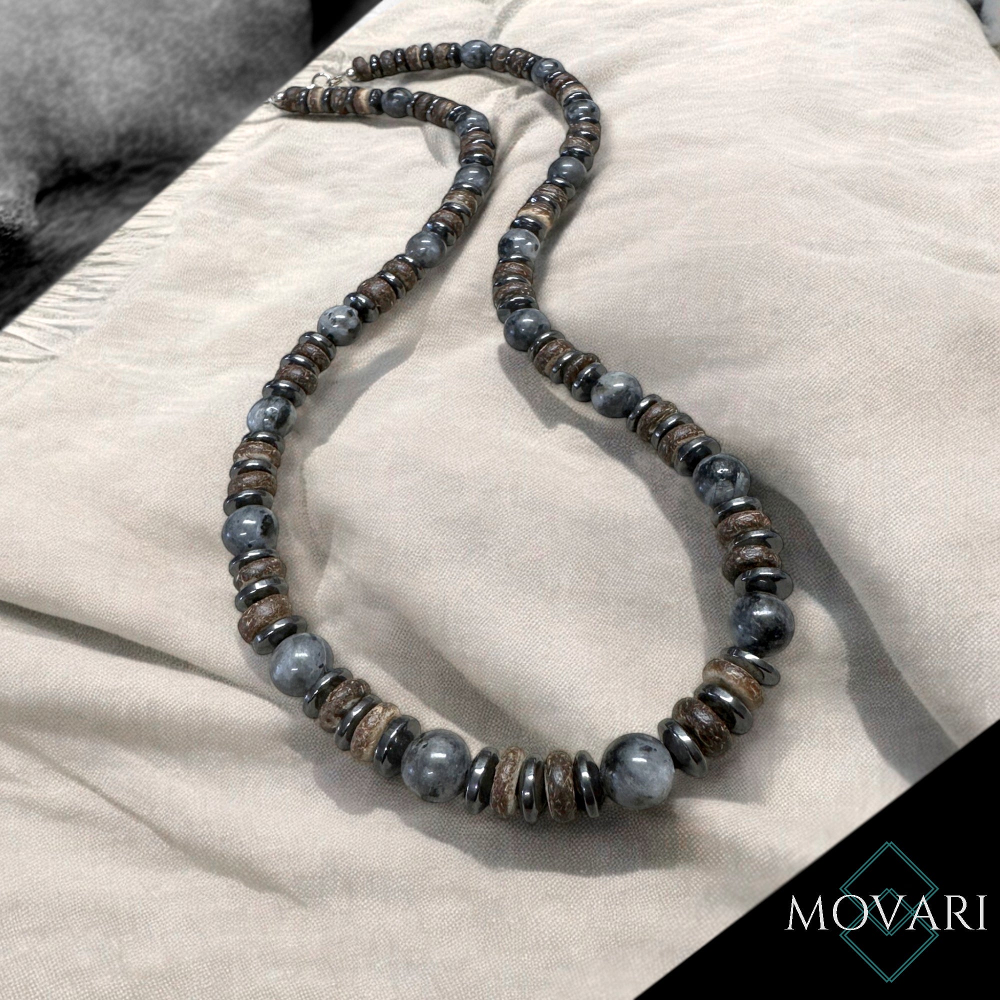 Surfer Necklace Larvikite Coconut 8mm For Men Handmade in U.S.A.