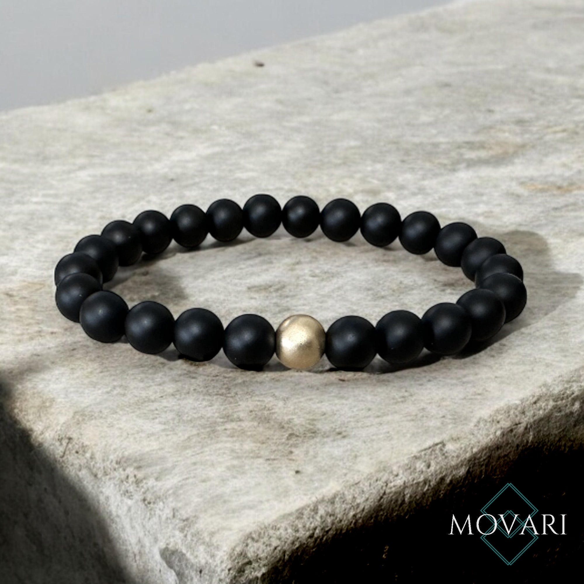 Matte 14k Gold matte Black Onyx Bead Stretch Bracelet