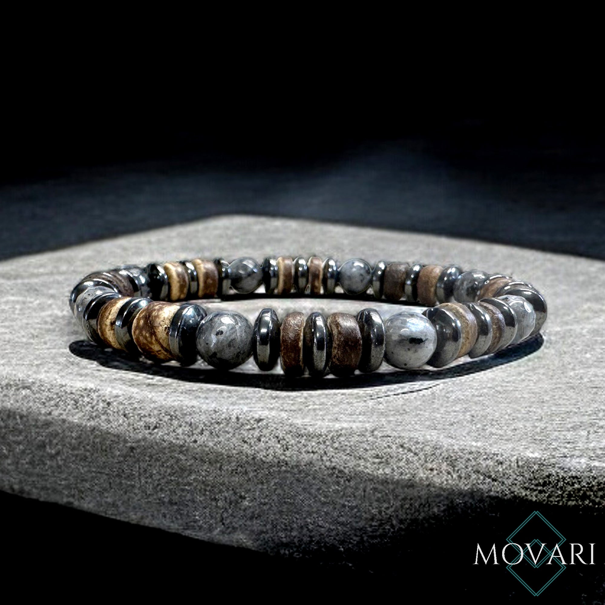 AAA Larvikite, Hematite and Coconut Bracelet