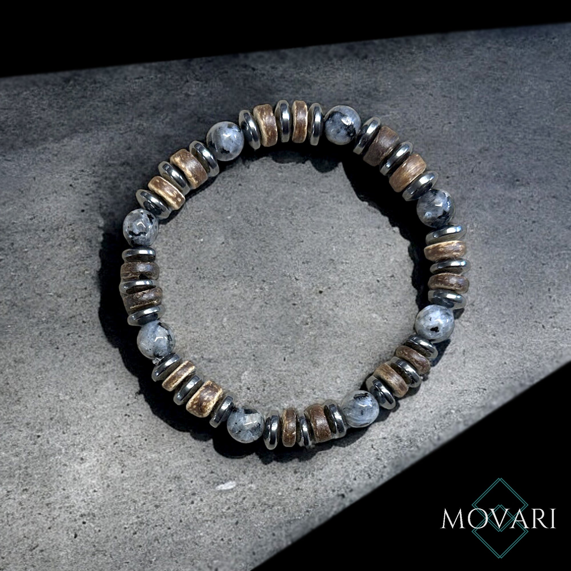 AAA Larvikite Hematite and Coconut Bracelet