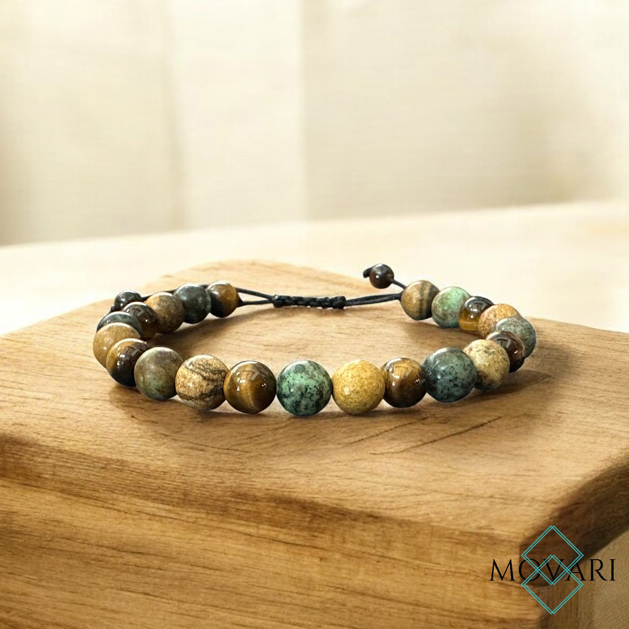 Adjustable Macramé Bead Bracelet Turquoise Picture Jasper Tigers Eye