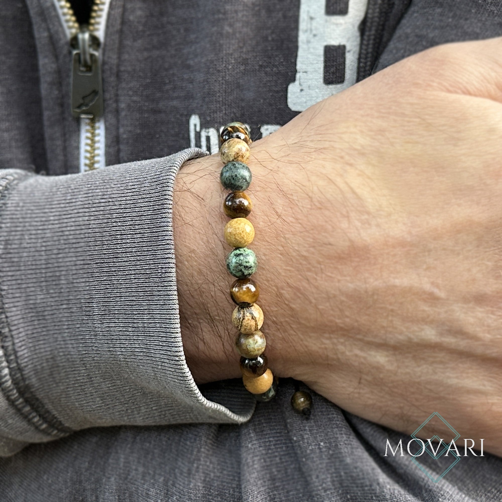 boho Adjustable Macramé Bead Bracelet Turquoise Picture Jasper Tigers Eye