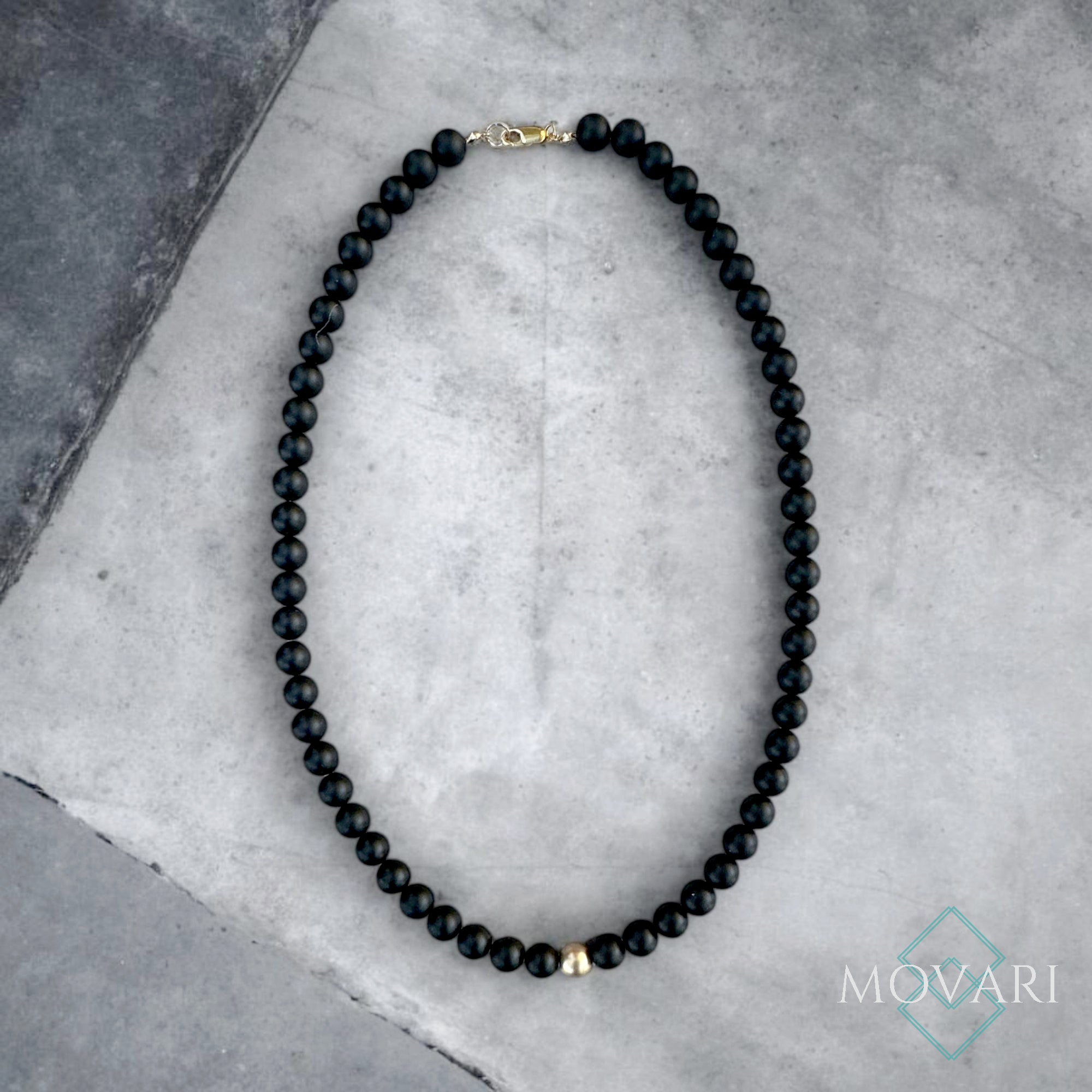 Matte Black Onyx Necklace With Matte 14k Gold Filled Bead Or Matte 925 Sterling Silver 8mm