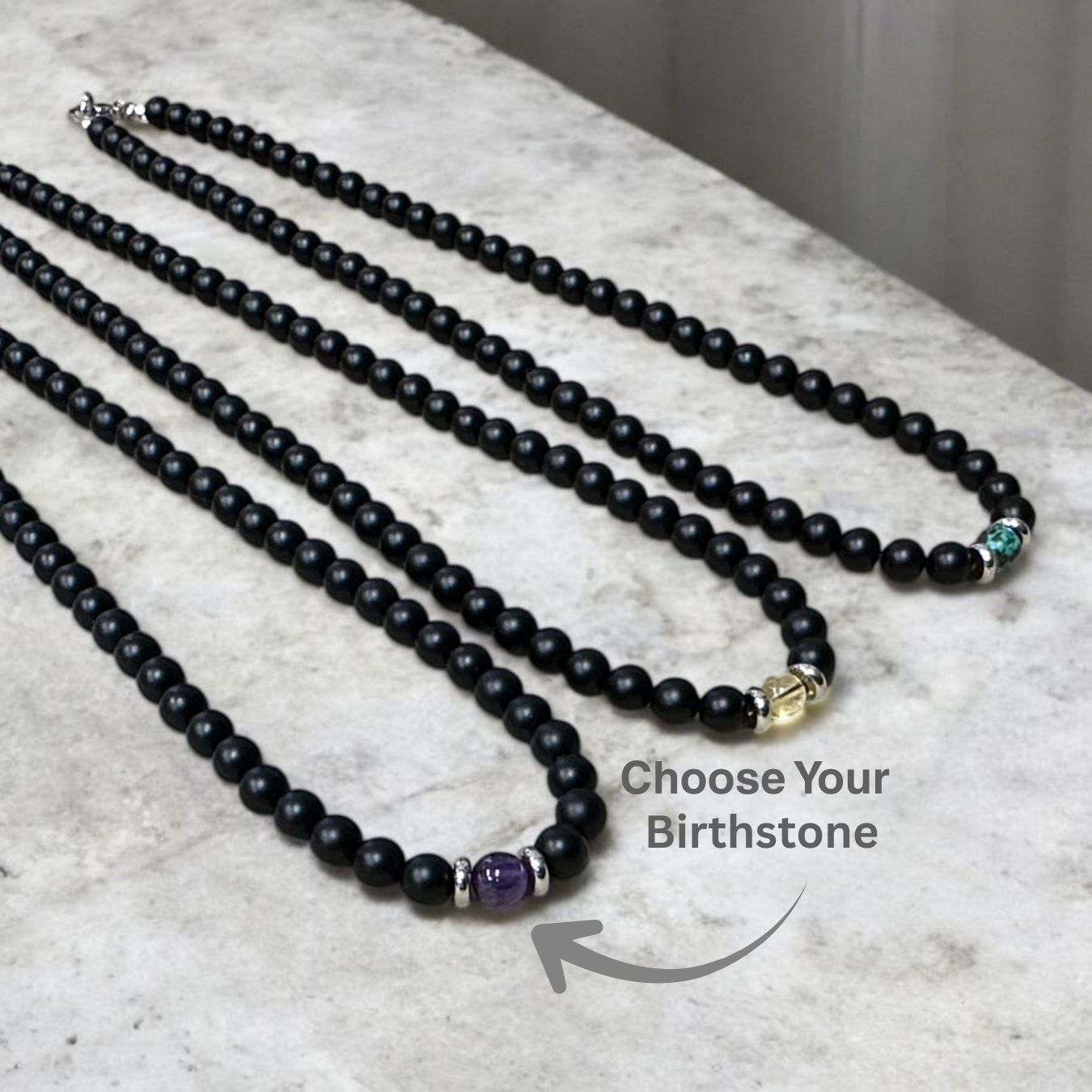 Personalized Birthstone Necklace 6mm Matte Black Onyx