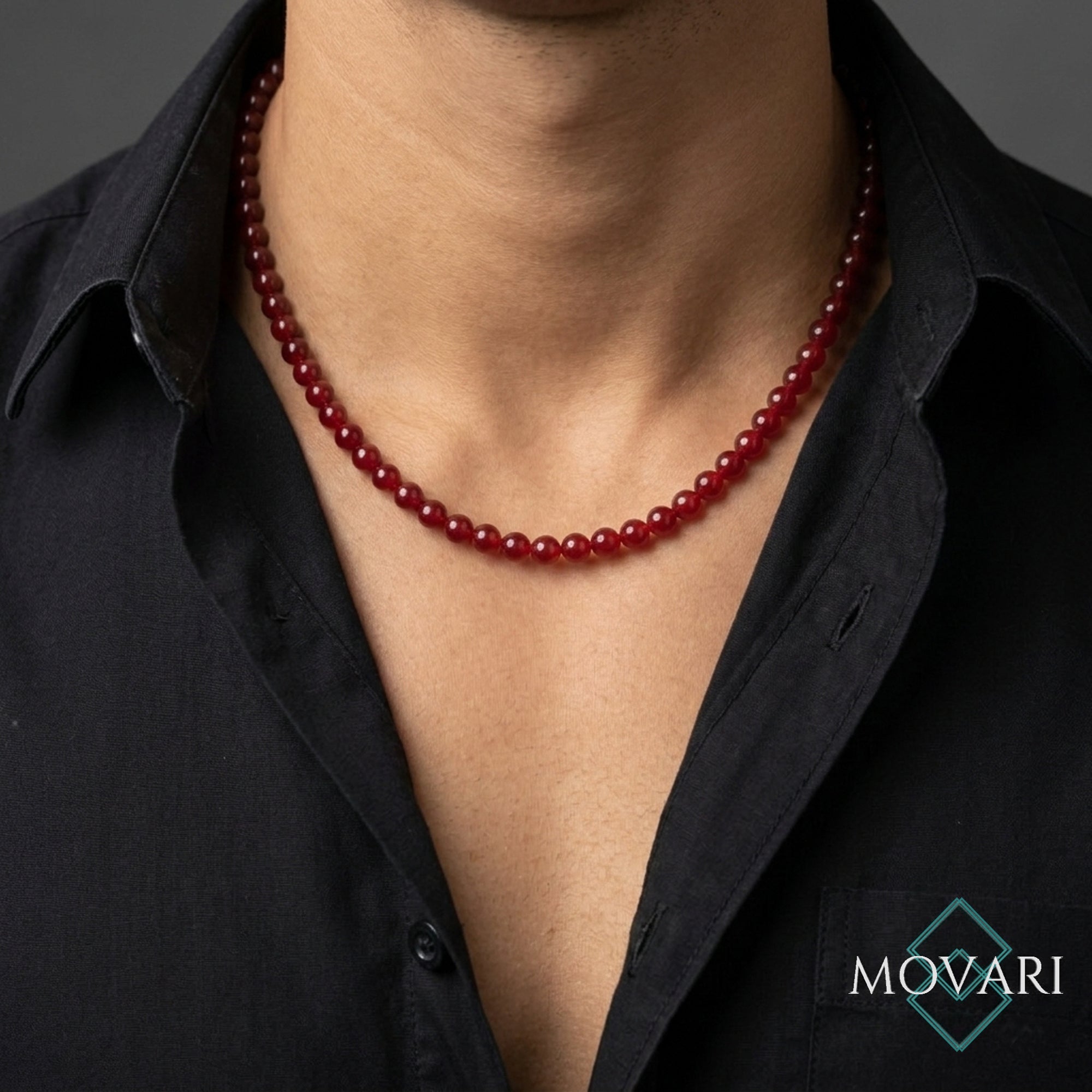 Deep Red Jade Beaded Necklace 6mm Minimalist Unisex